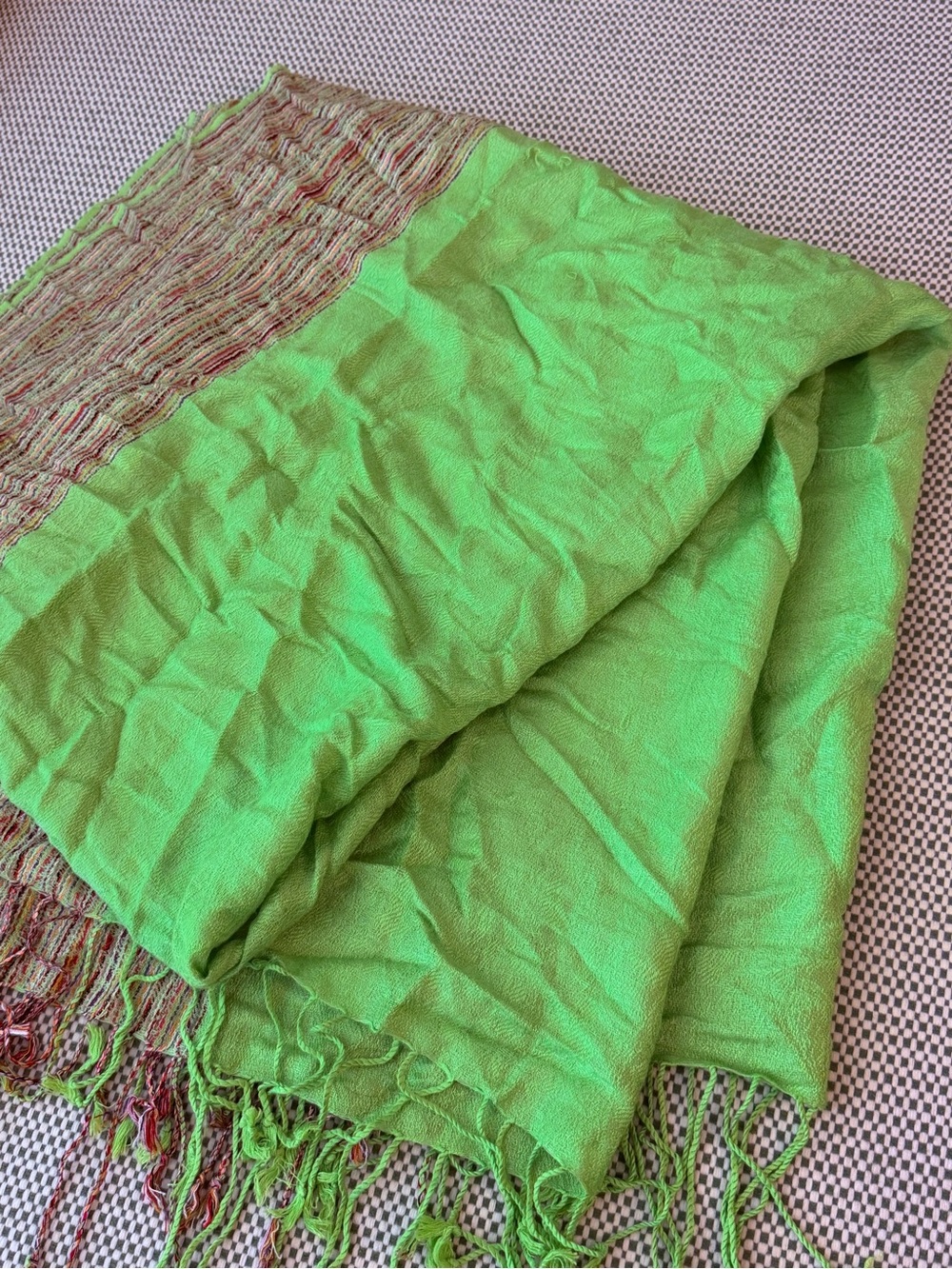 Bright Lime Green Pashmina Shawl with colorful‎ border